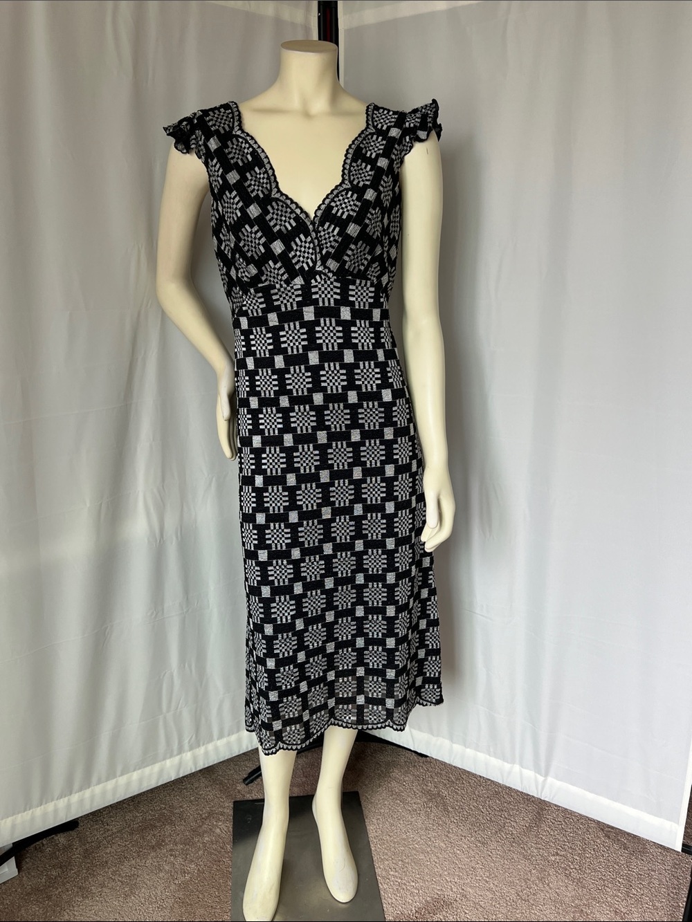 Anna Sui Lacy Textured Black and Silver Patterned Midi Dress